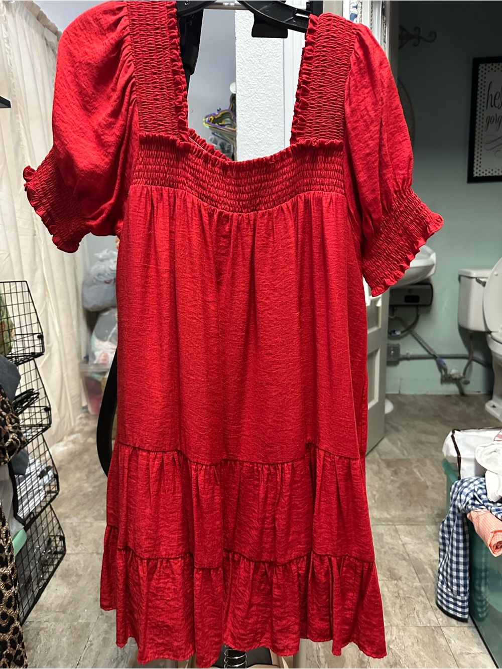 Joy Joy Red Smocked Square Neck Tiered Midi Dress